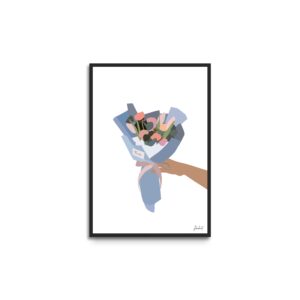 Plakat i ramme - illustration af buket med lyserøde og orange blomster - hvid baggrund